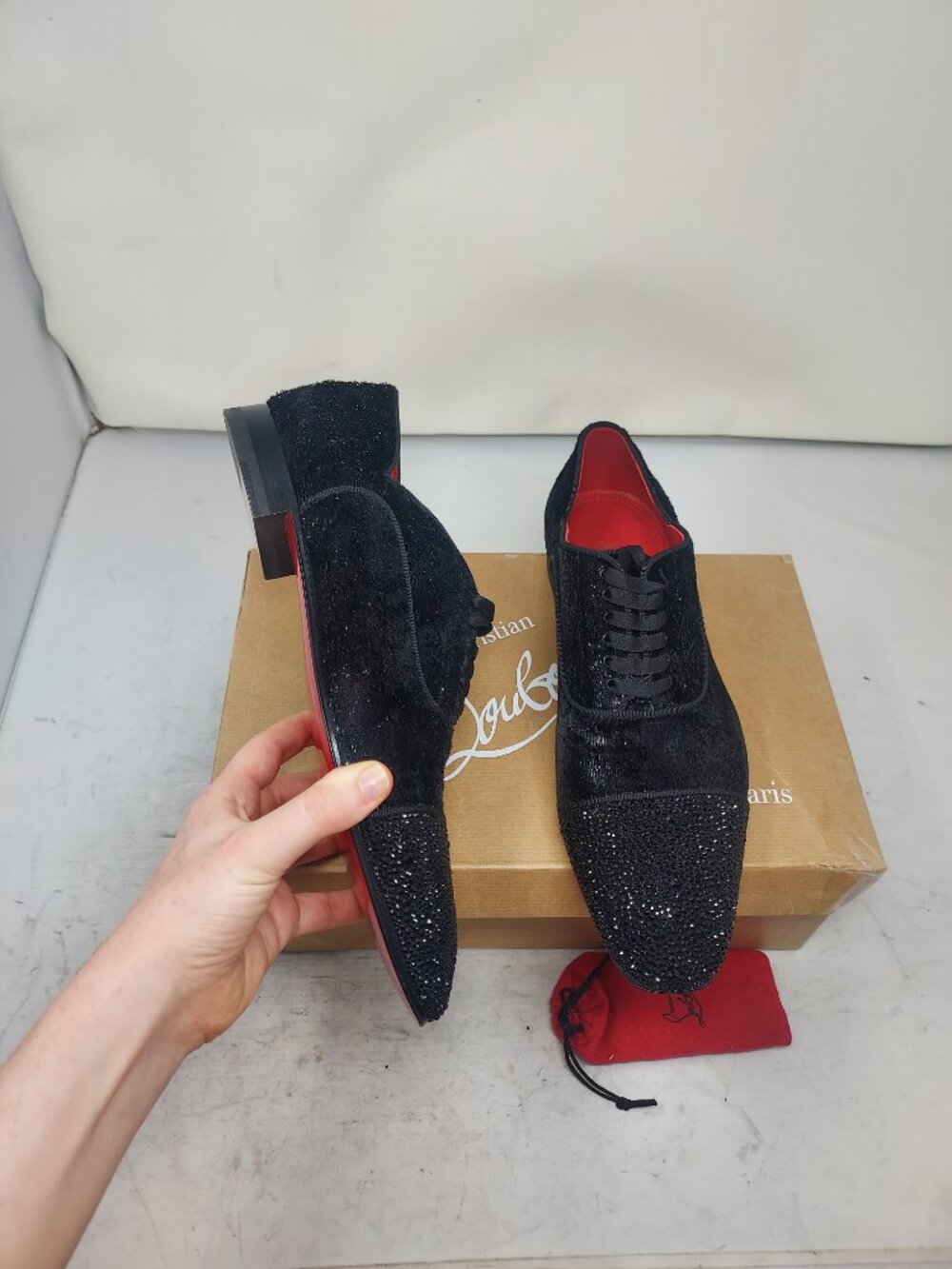 Christian Louboutin Black Greggy Chick Bejeweled Strass Lace Up Velvet Loafer Sh